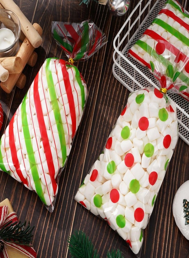 Whaline 150Pcs Christmas Cellophane Treat Bags Red Green Stripes Dots Candy Cookie Treat Bags with Twist Ties Xmas Plastic Goodie Gift Bags for Snack Packing Holiday Party Favors - Image 3